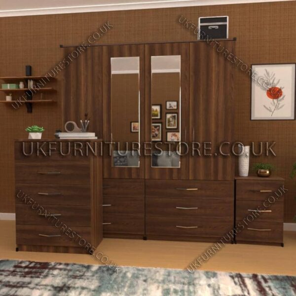 Walnut 4 Door Wardrobe Set With 2 Mirrors and 6 Bottom Drawers