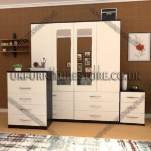 Front White Side Black 4 Door Wardrobe Set With 2 Mirrors and 6 Bottom Drawers