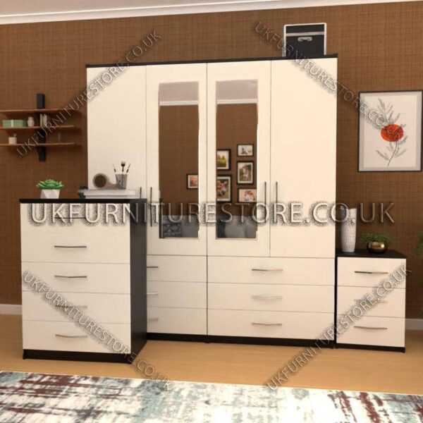 Front White Side Black 4 Door Wardrobe Set With 2 Mirrors and 6 Bottom Drawers