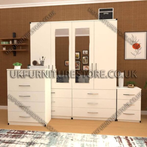 White 4 Door Wardrobe Set With 2 Mirrors and 6 Bottom Drawers