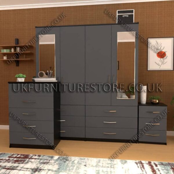 Front Gray Side Black 4 Door Wardrobe Set With 2 Mirrors and 6 Bottom Drawers