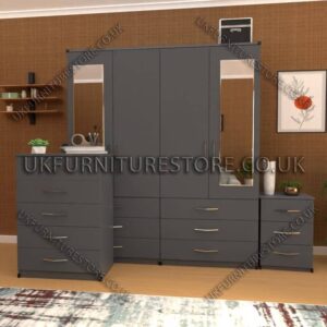 Gray 4 Door Wardrobe Set With 2 Mirrors and 6 Bottom Drawers