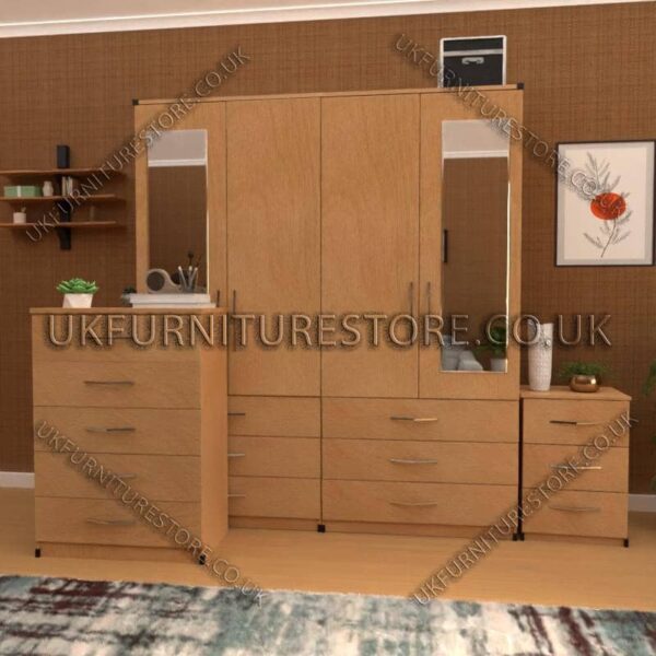 Beech 4 Door Wardrobe Set With 2 Mirrors and 6 Bottom Drawers