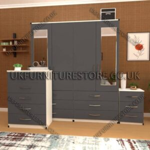 Front Gray Side White 4 Door Wardrobe Set With 2 Mirrors and 6 Bottom Drawers