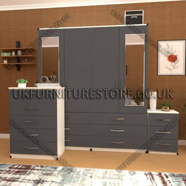 Front Gray Side White 4 Door Wardrobe Set With 2 Mirrors and 6 Bottom Drawers