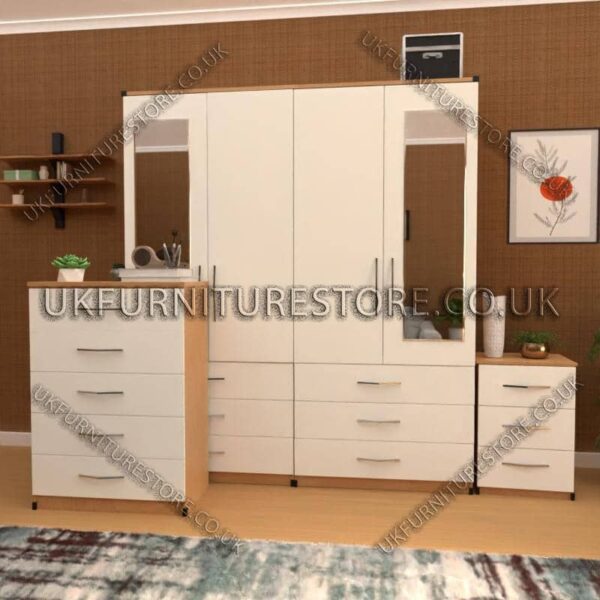 Front White Side Oak 4 Door Wardrobe Set With 2 Mirrors and 6 Bottom Drawers
