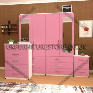 Front Pink Side White 4 Door Wardrobe Set With 2 Mirrors and 6 Bottom Drawers