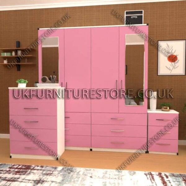 Front Pink Side White 4 Door Wardrobe Set With 2 Mirrors and 6 Bottom Drawers