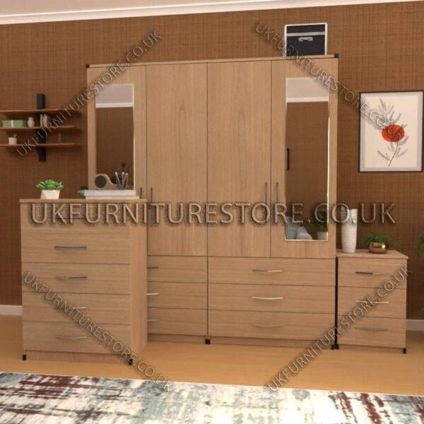 Oak 4 Door Wardrobe Set With 2 Mirrors and 6 Bottom Drawers