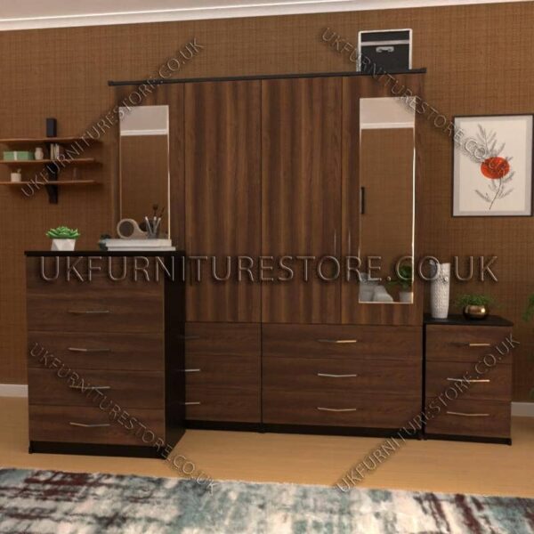 Front Walnut Side Black 4 Door Wardrobe Set With 2 Mirrors and 6 Bottom Drawers