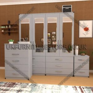 Silver 4 Door Wardrobe Set With 4 Mirrors and 6 Bottom Drawers