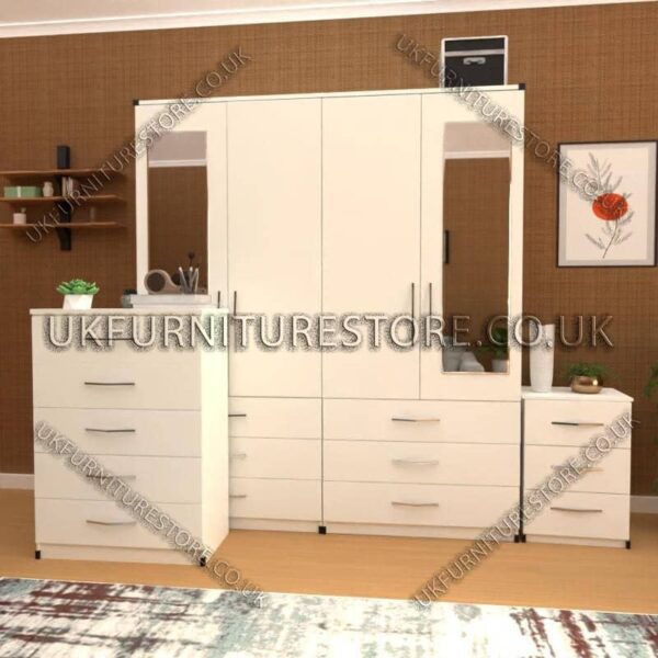 White 4 Door Wardrobe Set With 2 Mirrors and 6 Bottom Drawers