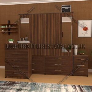 Walnut 4 Door Wardrobe Set With 2 Mirrors and 6 Bottom Drawers