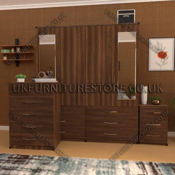 Walnut 4 Door Wardrobe Set With 2 Mirrors and 6 Bottom Drawers