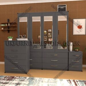 Gray 4 Door Wardrobe Set With 4 Mirrors and 6 Bottom Drawers