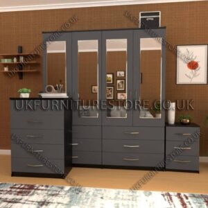Front Gray Side Black 4 Door Wardrobe Set With 4 Mirrors and 6 Bottom Drawers