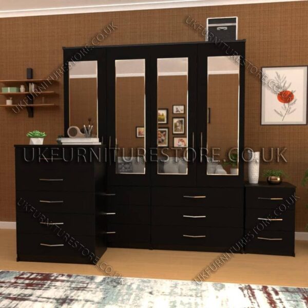 Black 4 Door Wardrobe Set With 4 Mirrors and 6 Bottom Drawers