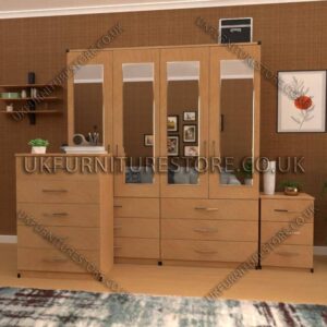 Beech 4 Door Wardrobe Set With 4 Mirrors and 6 Bottom Drawers