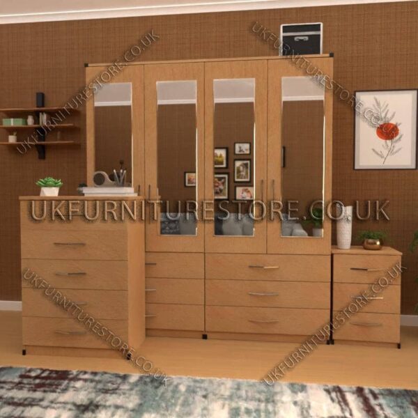 Beech 4 Door Wardrobe Set With 4 Mirrors and 6 Bottom Drawers