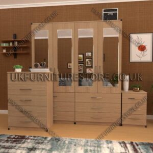 Oak 4 Door Wardrobe Set With 4 Mirrors and 6 Bottom Drawers