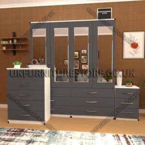 Front Gray Side White 4 Door Wardrobe Set With 4 Mirrors and 6 Bottom Drawers