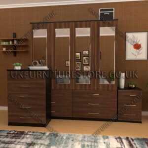 Front Walnut Side Black 4 Door Wardrobe Set With 4 Mirrors and 6 Bottom Drawers