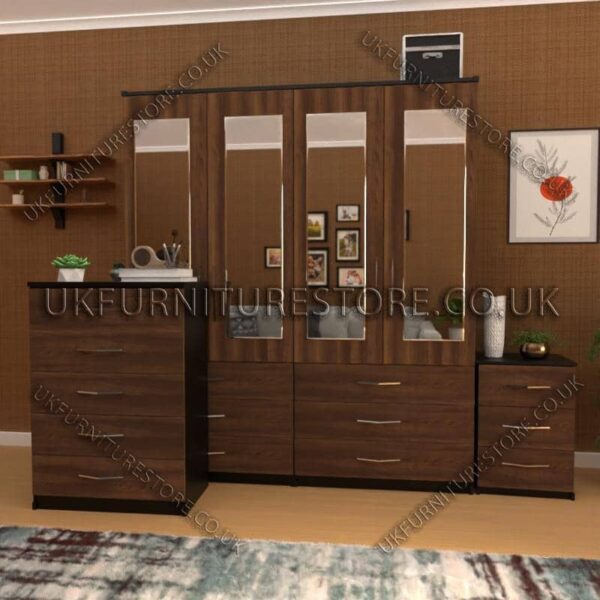 Front Walnut Side Black 4 Door Wardrobe Set With 4 Mirrors and 6 Bottom Drawers