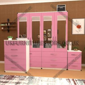 Front Pink Side White 4 Door Wardrobe Set With 4 Mirrors and 6 Bottom Drawers