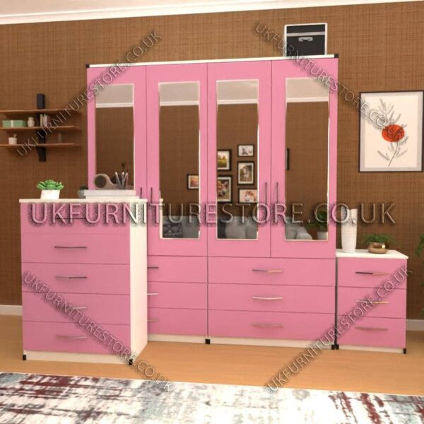 Front Pink Side White 4 Door Wardrobe Set With 4 Mirrors and 6 Bottom Drawers