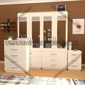 White 4 Door Wardrobe Set With 4 Mirrors and 6 Bottom Drawers