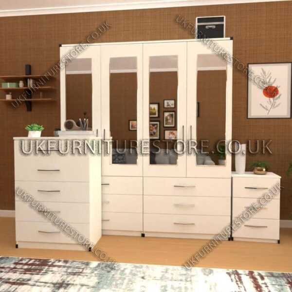 White 4 Door Wardrobe Set With 4 Mirrors and 6 Bottom Drawers