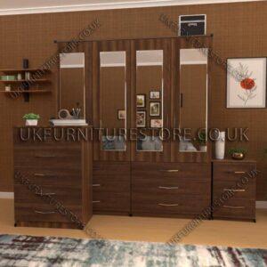 Walnut 4 Door Wardrobe Set With 4 Mirrors and 6 Bottom Drawers