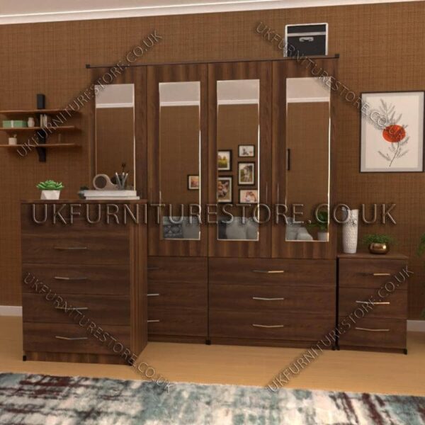 Walnut 4 Door Wardrobe Set With 4 Mirrors and 6 Bottom Drawers