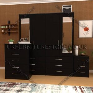 Black 4 Door Wardrobe Set With 2 Mirrors and 6 Bottom Drawers