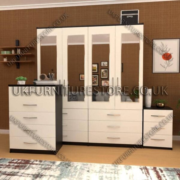 Front White Side Black 4 Door Wardrobe Set With 4 Mirrors and 6 Bottom Drawers
