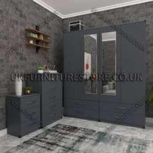 Gray 4 Door Wardrobe Set With 2 Mirrors and 4 Bottom Drawers