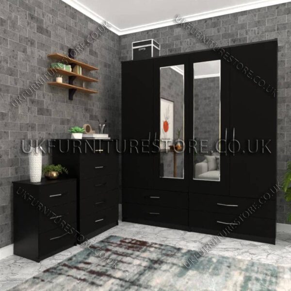 Black 4 Door Wardrobe Set With 2 Mirrors and 4 Bottom Drawers