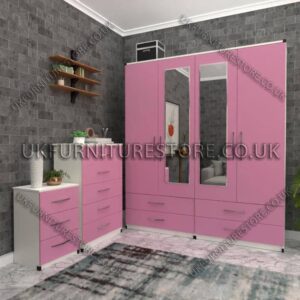 Front Pink Side White 4 Door Wardrobe Set With 2 Mirrors and 4 Bottom Drawers