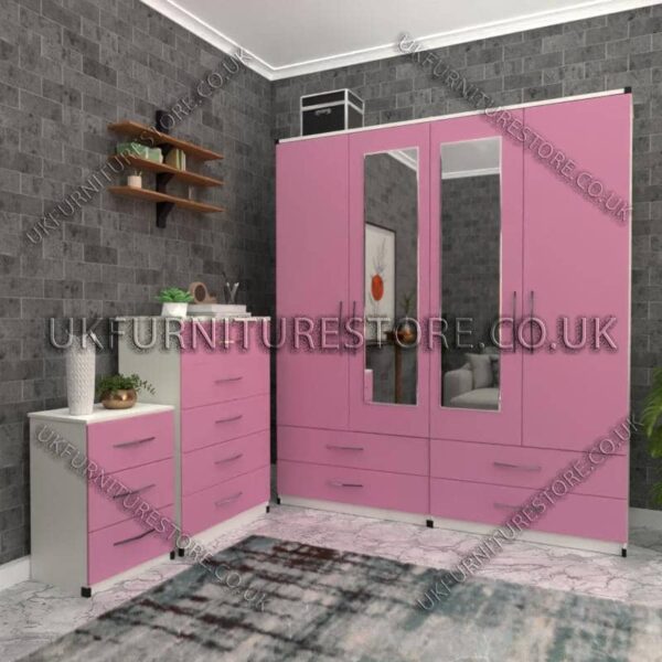Front Pink Side White 4 Door Wardrobe Set With 2 Mirrors and 4 Bottom Drawers