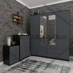 Front Gray Side Black 4 Door Wardrobe Set With 2 Mirrors and 4 Bottom Drawers