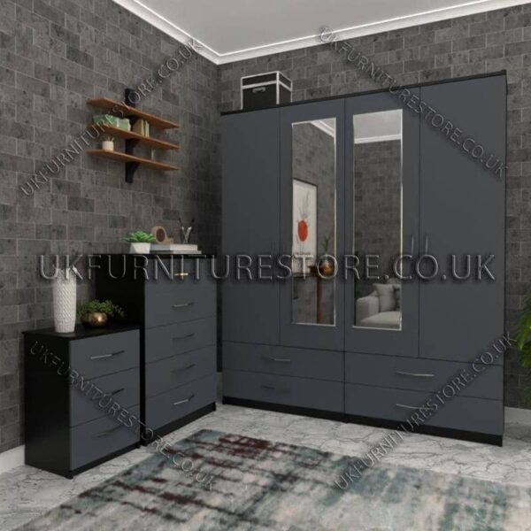 Front Gray Side Black 4 Door Wardrobe Set With 2 Mirrors and 4 Bottom Drawers