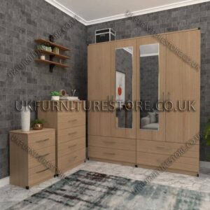 Oak 4 Door Wardrobe Set With 2 Mirrors and 4 Bottom Drawers