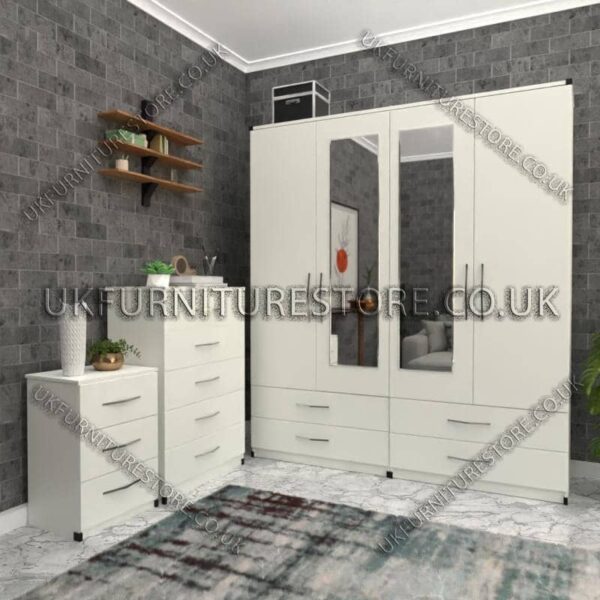 White 4 Door Wardrobe Set With 2 Mirrors and 4 Bottom Drawers