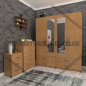 Beech 4 Door Wardrobe Set With 2 Mirrors and 4 Bottom Drawers