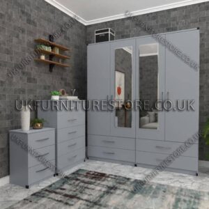 Silver 4 Door Wardrobe Set With 2 Mirrors and 4 Bottom Drawers
