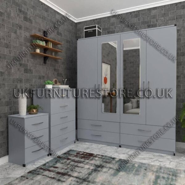 Silver 4 Door Wardrobe Set With 2 Mirrors and 4 Bottom Drawers