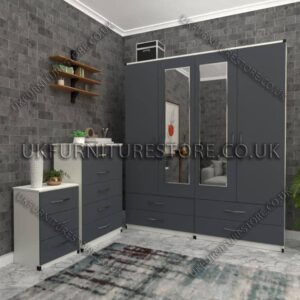 Front Gray Side White 4 Door Wardrobe Set With 2 Mirrors and 4 Bottom Drawers