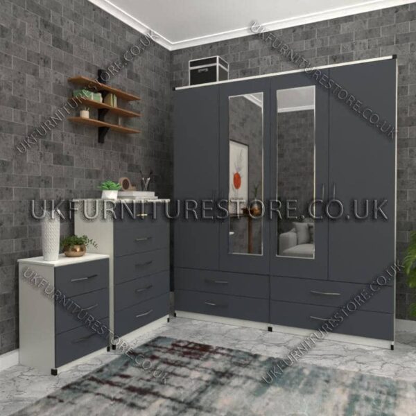 Front Gray Side White 4 Door Wardrobe Set With 2 Mirrors and 4 Bottom Drawers
