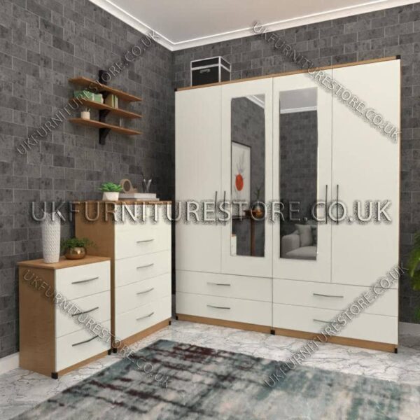 Front White Side Beech 4 Door Wardrobe Set With 2 Mirrors and 4 Bottom Drawers