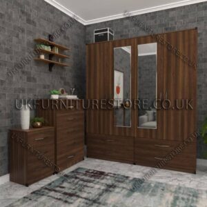 Walnut 4 Door Wardrobe Set With 2 Mirrors and 4 Bottom Drawers